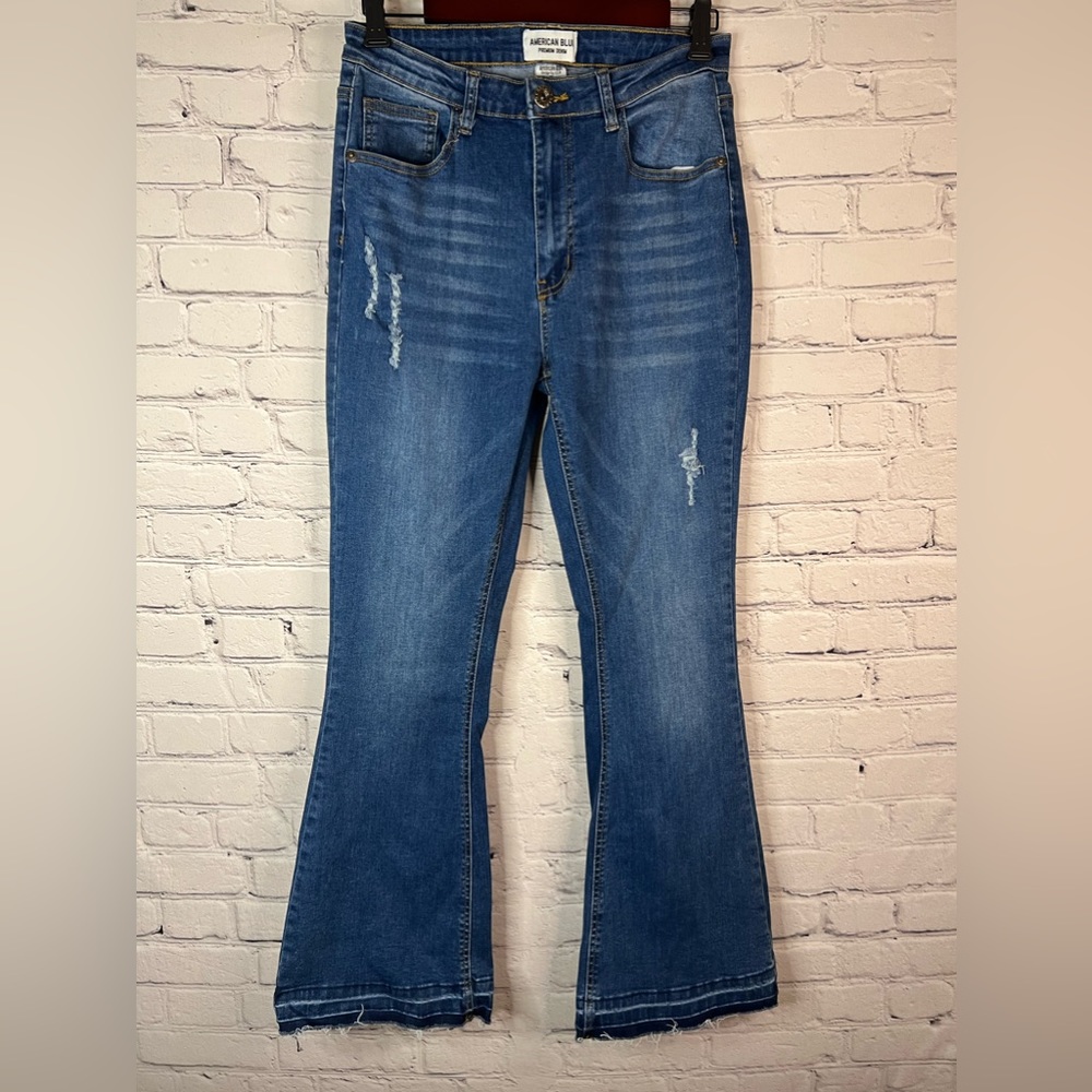American Blue‎ Premium Denim High Rise Distressed Flare Raw Hem Blue Jeans sz 11